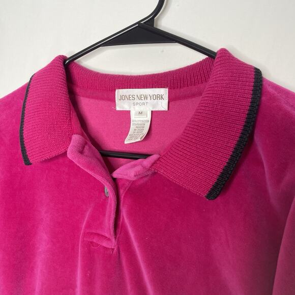 Vintage 90s Velour Polo Sweater Women M Hot Pink Y2K Preppy Retro Soft Cozy - Picture 3 of 9